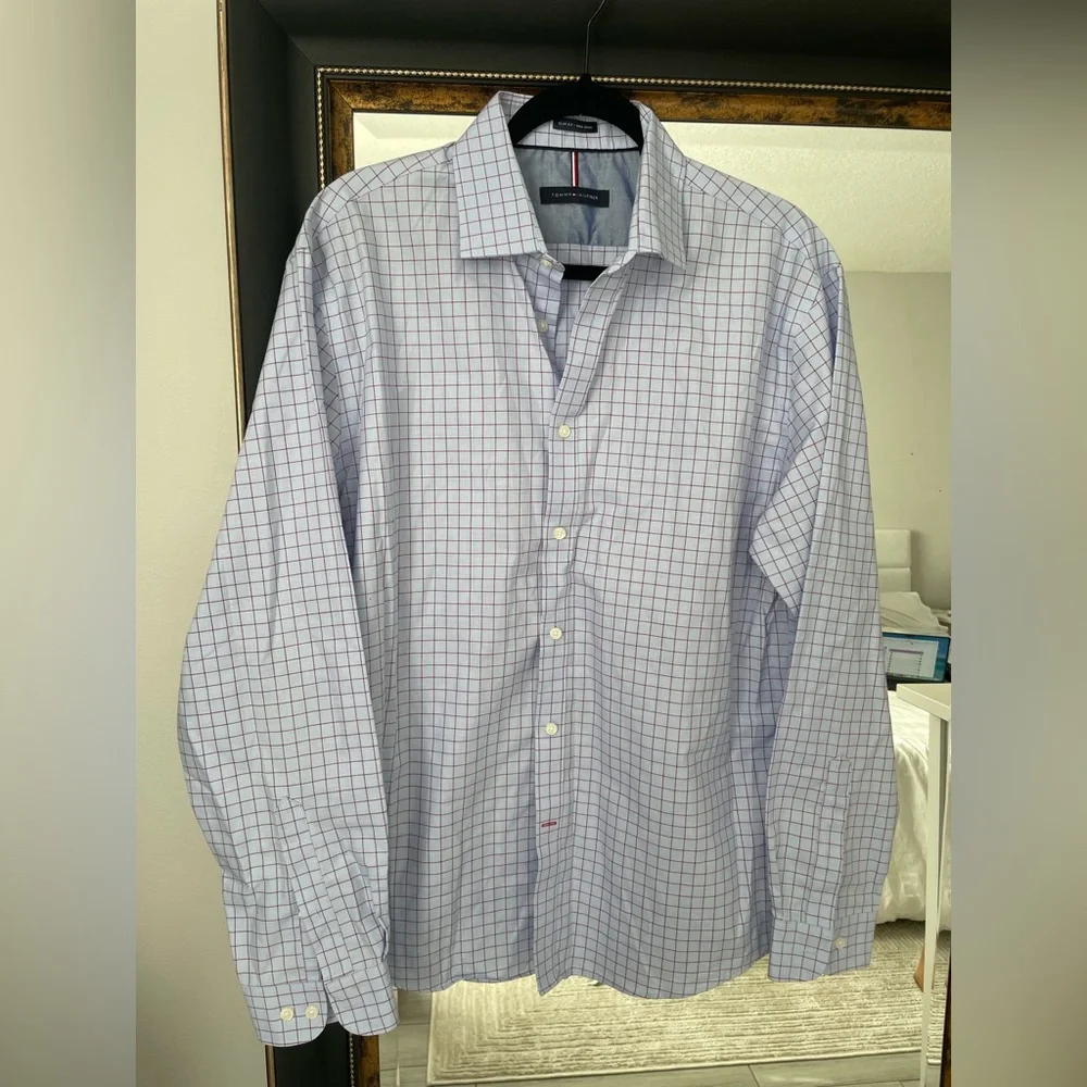 Tommy Hilfiger Men's Blue and Red Grid Shirt - Picture 4 of 4